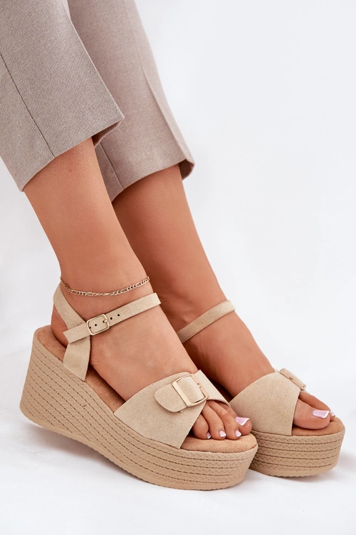 Sandały Damskie Na Koturnie Z Klamrą Khaki Liniella