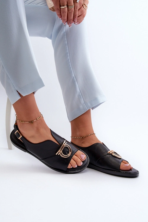 Płaskie Sandały Damskie Ze Złotą Ozdobą Vinceza 17319 Czarne