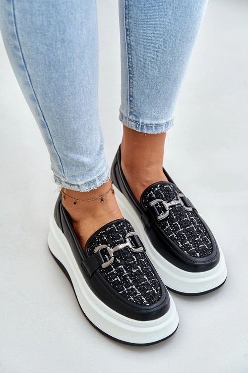 Skórzane Mokasyny Damskie Na Platformie Z Ozdobą Vinceza 89105 Czarne