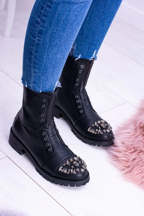 Lu Boo | Czarne Damskie Botki Za Kostkę z Cyrkoniami Carrie