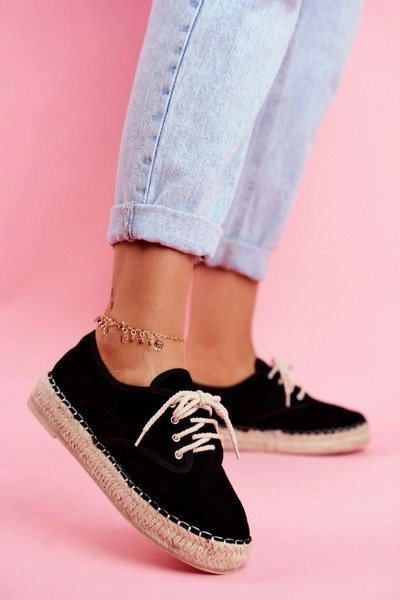 Espadryle Damskie Na Platformie Lniane Czarne Sonya
