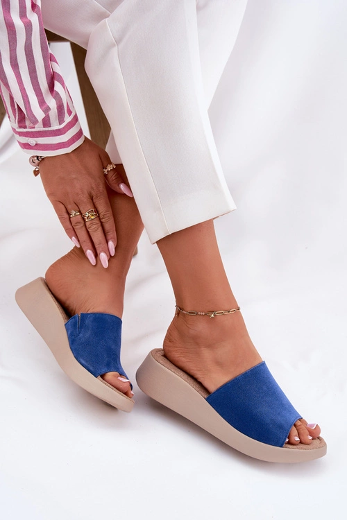 Zamszowe Klapki Damskie Na Koturnie Panto Fino RR267041 Niebieskie