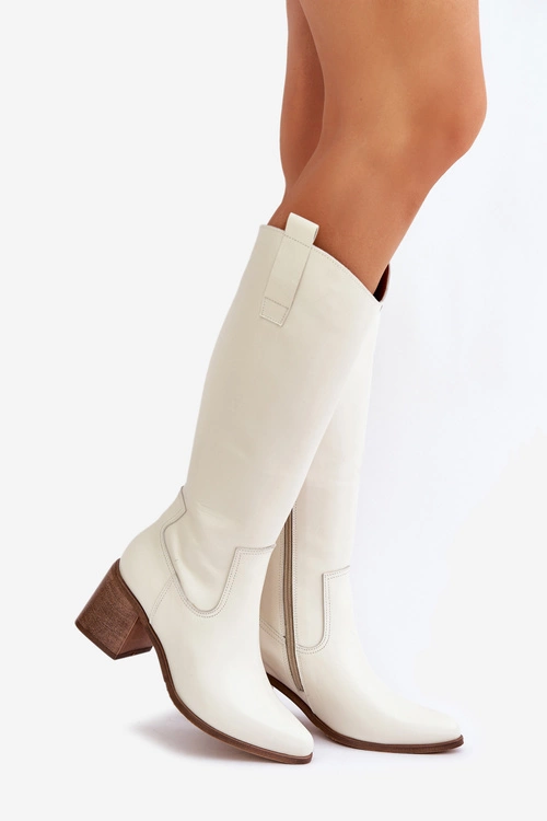 Skórzane Kozaki Przed Kolano Na Słupku Zazoo 3675 Białe