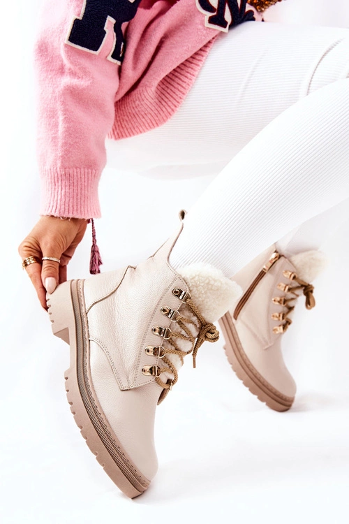 Skórzane Ocieplane Botki Beżowe Khaleni