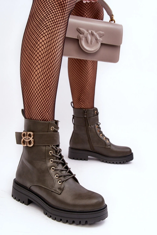 Botki Workery Damskie Na Suwak Z Ozdobą Ciemnozielone Ciossava