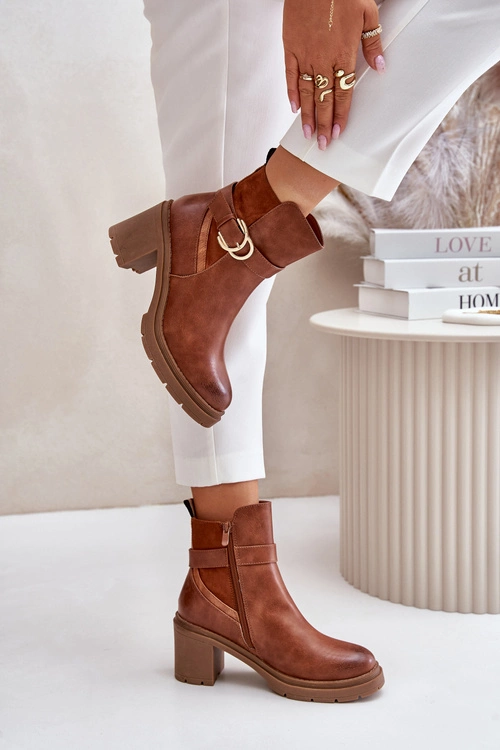 Botki Damskie Na Obcasie Słupku Ocieplane Na Zamek Camel Inabelle