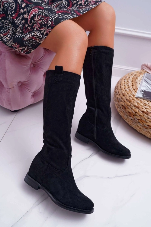 Damskie Kozaki Do Połowy Łydki Zamszowe Czarne Temet