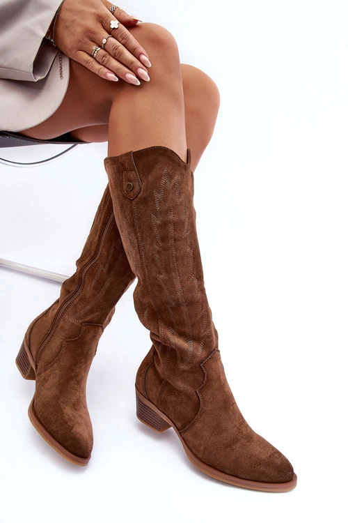 Zamszowe Kozaki Kowbojki Na Niskim Obcasie Brązowe Lunah