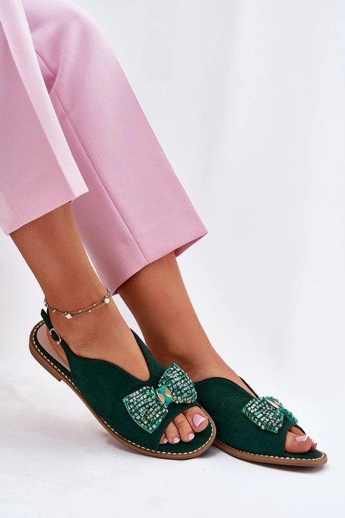 Sandały Damskie Z Kokardą Na Płaskim Obcasie S.Barski KV51-014 Zielone