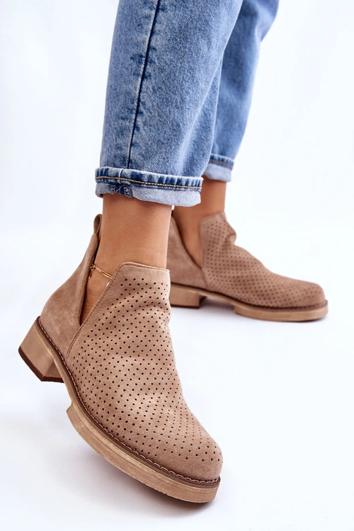 Zamszowe Ażurowe Botki Na Płaskim Obcasie Ciemnobeżowe Angie