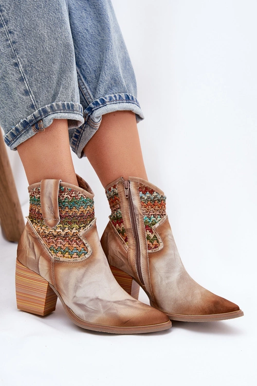 Skórzane Botki Kowbojki Na Słupku Z Ozdobną Plecionką Maciejka 06810-29 Multikolor