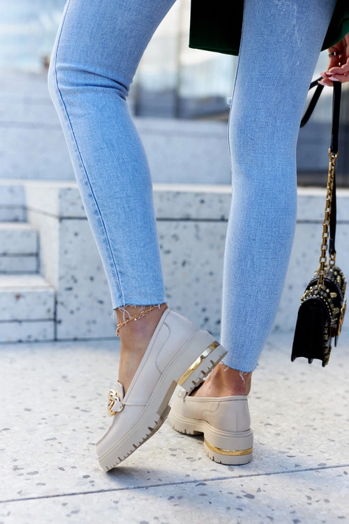 Damskie Skórzane Półbuty Loafery Beżowe Mollie