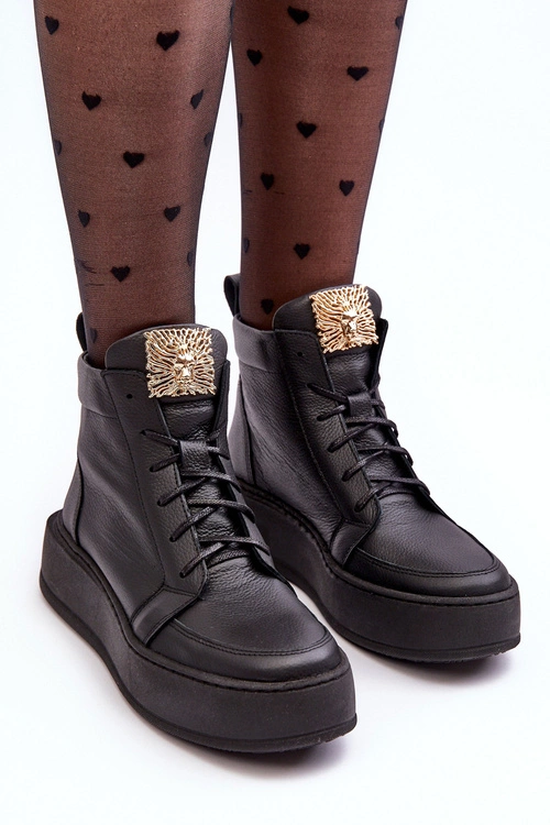 Sznurowane Botki Damskie Z Ozdobą Skórzane Czarne Nicole 2833