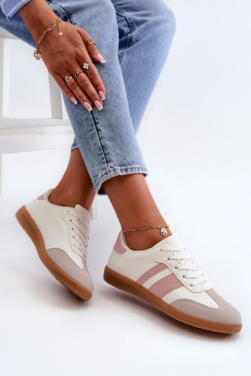 Damskie Niskie Eko Skórzane Sneakersy Biało-Różowe Relialia