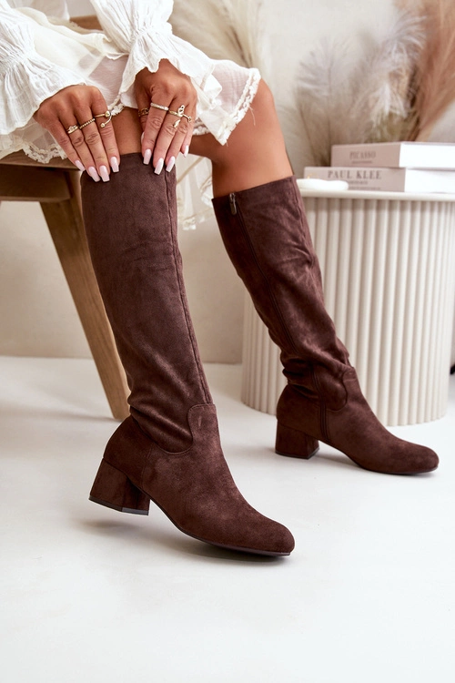 Eko Zamszowe Kozaki Damskie Przed Kolano Na Zamek Brązowe Elitara