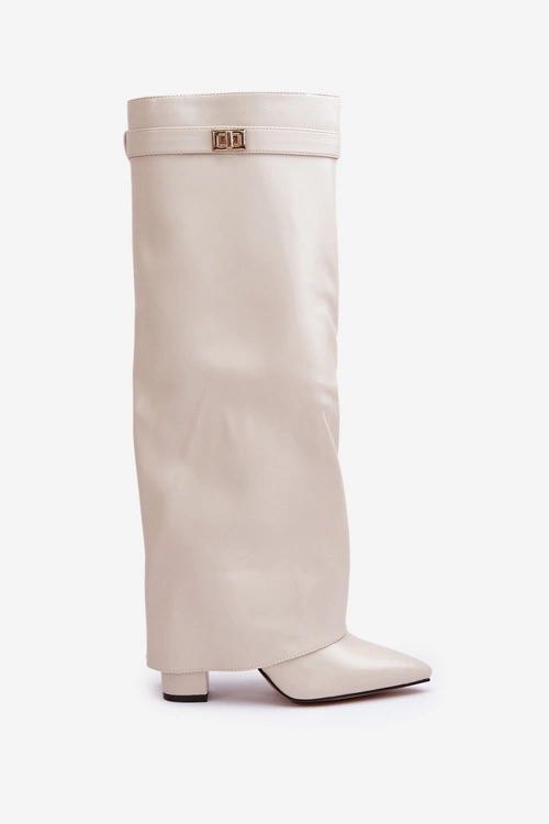 Kozaki Damskie Eko Skórzane Z Wywiniętą Cholewką Na Słupku Jasnobeżowe Avamora