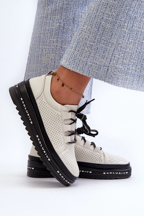 Skórzane Półbuty Damskie Na Platformie S.Barski LR769A Beżowe