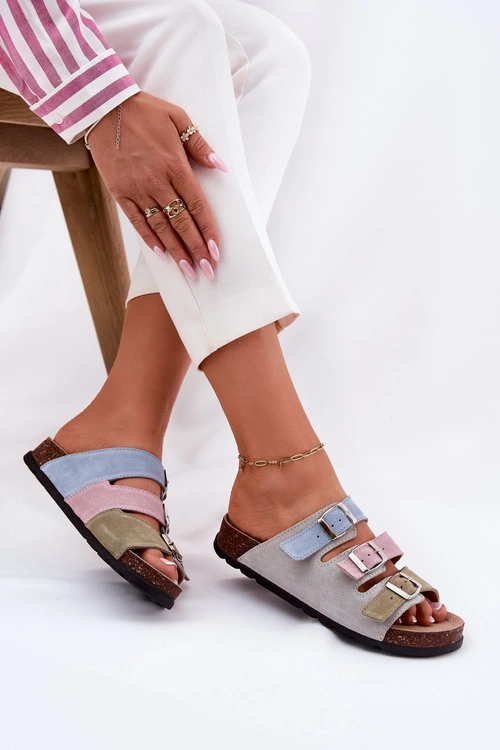 Zamszowe Klapki Damskie Z Klamrami Panto Fino RR267034 Niebieskie