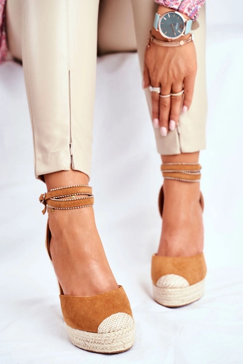 Sandały Damskie Na Koturnie Lniane Camel Canterola