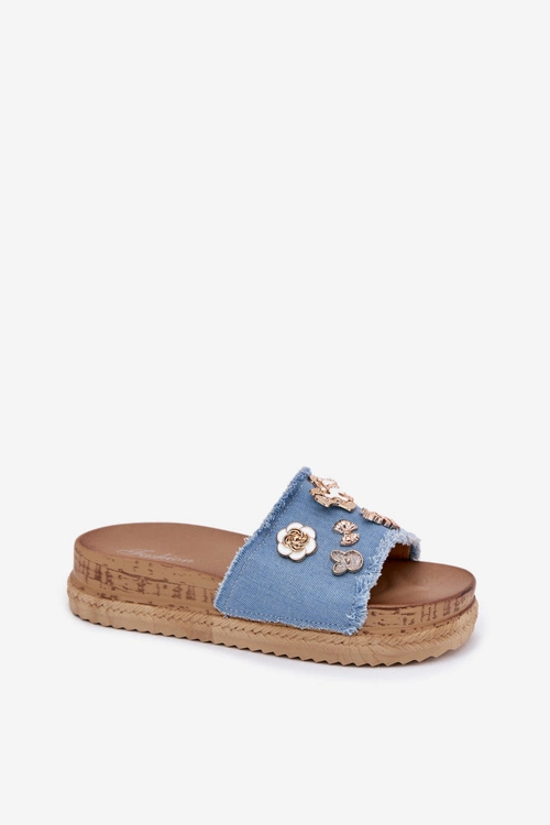 Klapki Damskie Ze Złotymi Przypinkami Na Platformie Niebieskie Rigasta