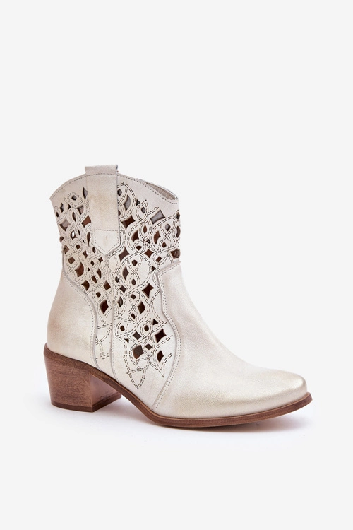 Damskie Botki Na Obcasie Z Ażurowym Wzorem Lewski 3394/2 Złote Przecierane