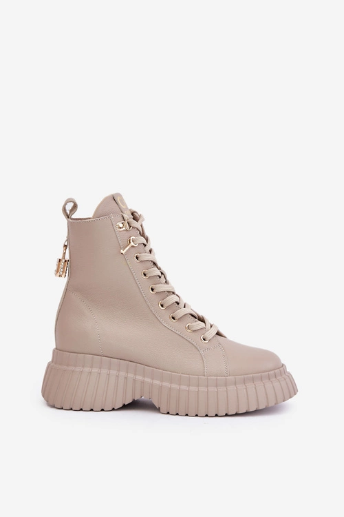 Skórzane Botki Na Platformie Na Zamek Z Ozdobną Kłódką CheBello 4517 Beżowe