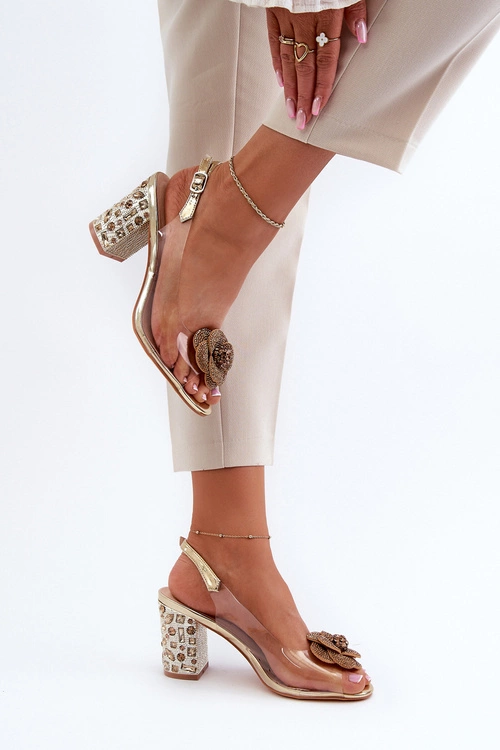 Transparentne Sandały Na Słupku Z Ozdobami S.Barski MR38-356 Złote