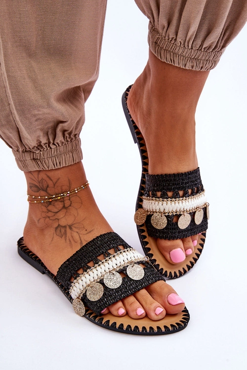 Damskie Plecione Zdobione Klapki Czarne Millano