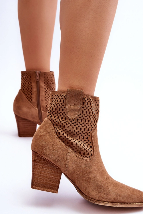 Damskie Zamszowe Kowbojki Botki Na Słupku Brązowe Norvella