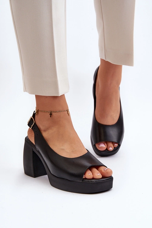 Zazoo 40376 Skórzane Sandały Na Masywnym Obcasie Czarne