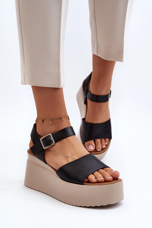 Damskie Sandały Na Koturnie Czarne Geferia