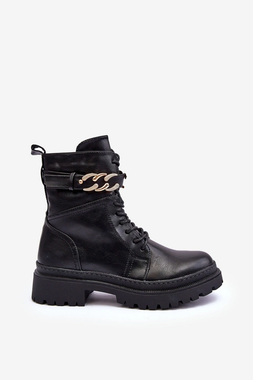 Skórzane Botki Workery Z Ozdobnym Paskiem Czarne Enili