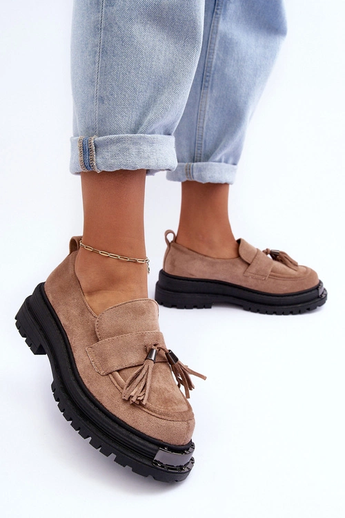 Zamszowe Półbuty Mokasyny Damskie Beżowe Ramvli