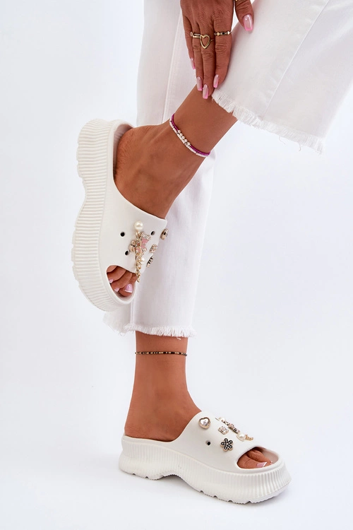 Damskie Piankowe Klapki Z Ozdobami Białe Afariana