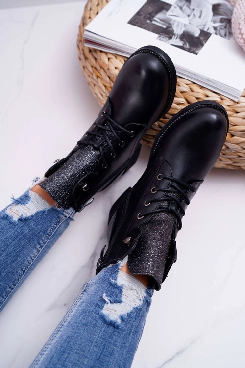 Damskie Botki Workery Płaski Obcas Czarne Flumen