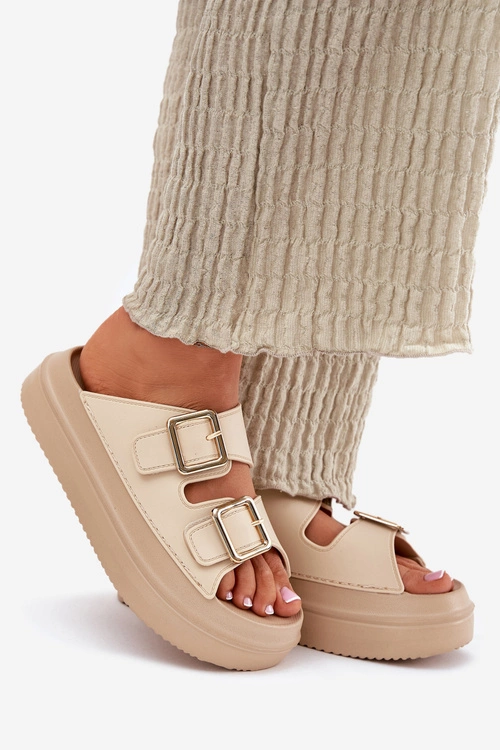 Klapki Damskie Na Platformie Ze Złotymi Klamrami Beżowe Zorila