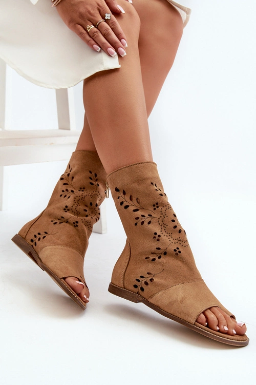 Zazoo 3437 Damskie Zamszowe Sandały Z Cholewką Na Zamek Camel