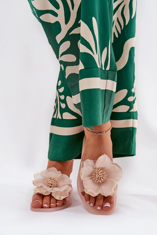 Transparentne Płaskie Klapki Damskie Ze Sztucznym Kwiatem Nude Vobetta