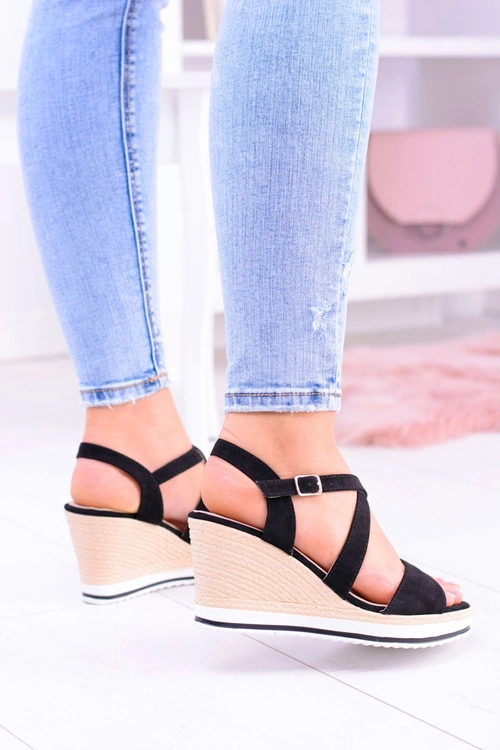 Damskie Czarne Sandały Na Koturnie Showen