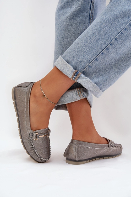 Brokatowe Płaskie Mokasyny Ze Skóry Naturalnej D&A LR51-546 Srebrne