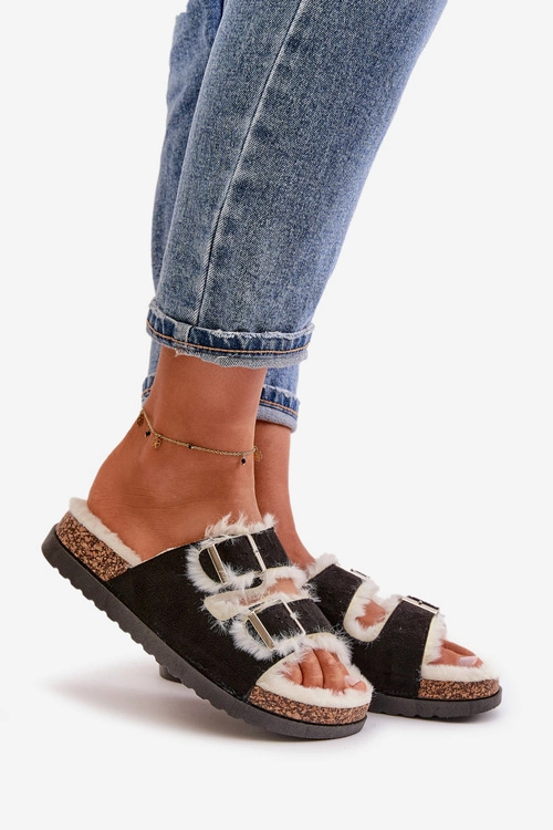 Damskie Kapcie Klapki Z Klamrami I Futerkiem Czarne Ezilena