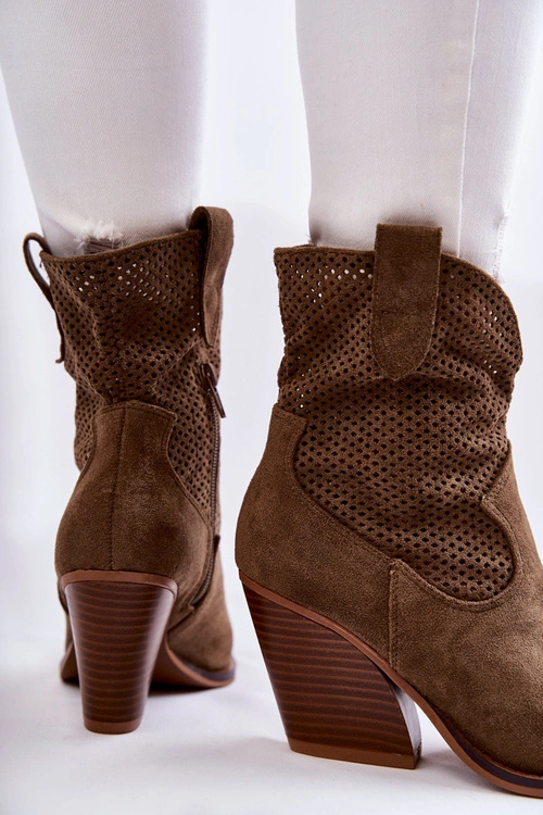 Damskie Zamszowe Ażurowe Botki Kowbojki Khaki Eleonore