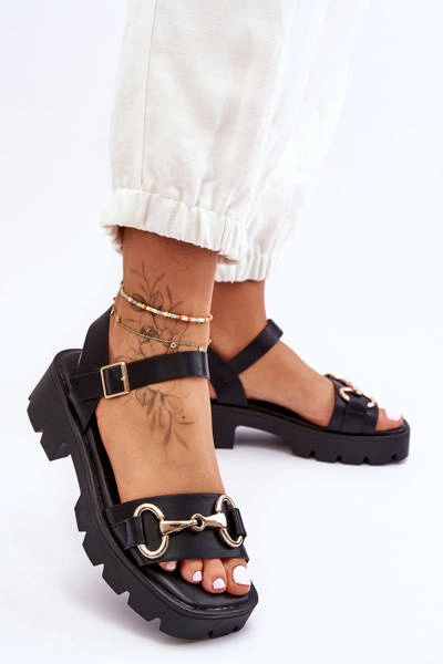 Damskie Skórzane Sandały Z Ozdobą Czarne Emori