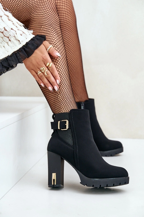 Botki Damskie Ze Złotą Klamrą Na Słupku Ocieplane Czarne Erilanes