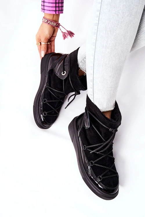 Ocieplane Zamszowe Botki Śniegowce Czarne Clarem