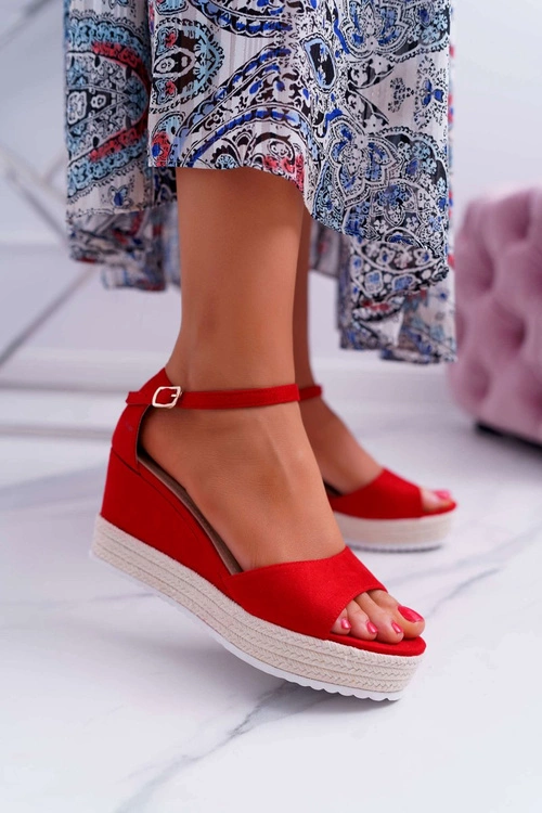 Sandały Damskie Na Koturnie Platformie Zamszowe Czerwone Delima