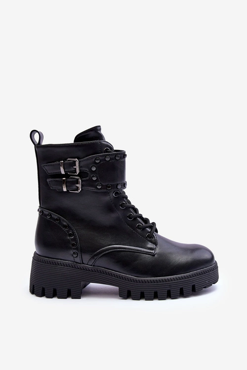 Skórzane Zdobione Botki Workery Czarne Carshena