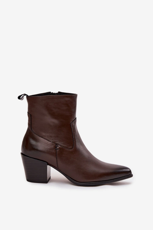 Skórzane Botki Kowbojki Damskie Na Słupku Ocieplane Zazoo 60565 Czekoladowe