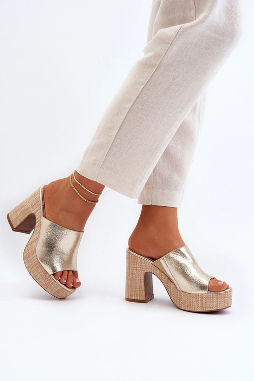 Klapki Damskie Na Obcasie Słupku Złote Siobhan