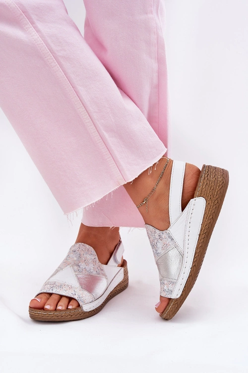 Skórzane Sandały Damskie Na Koturnie Z Plecionką Maciejka L7067-11 Białe